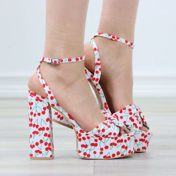 Rockabilly Cherry Print Platform High Heels Bow Strap - Picture 3 of 12